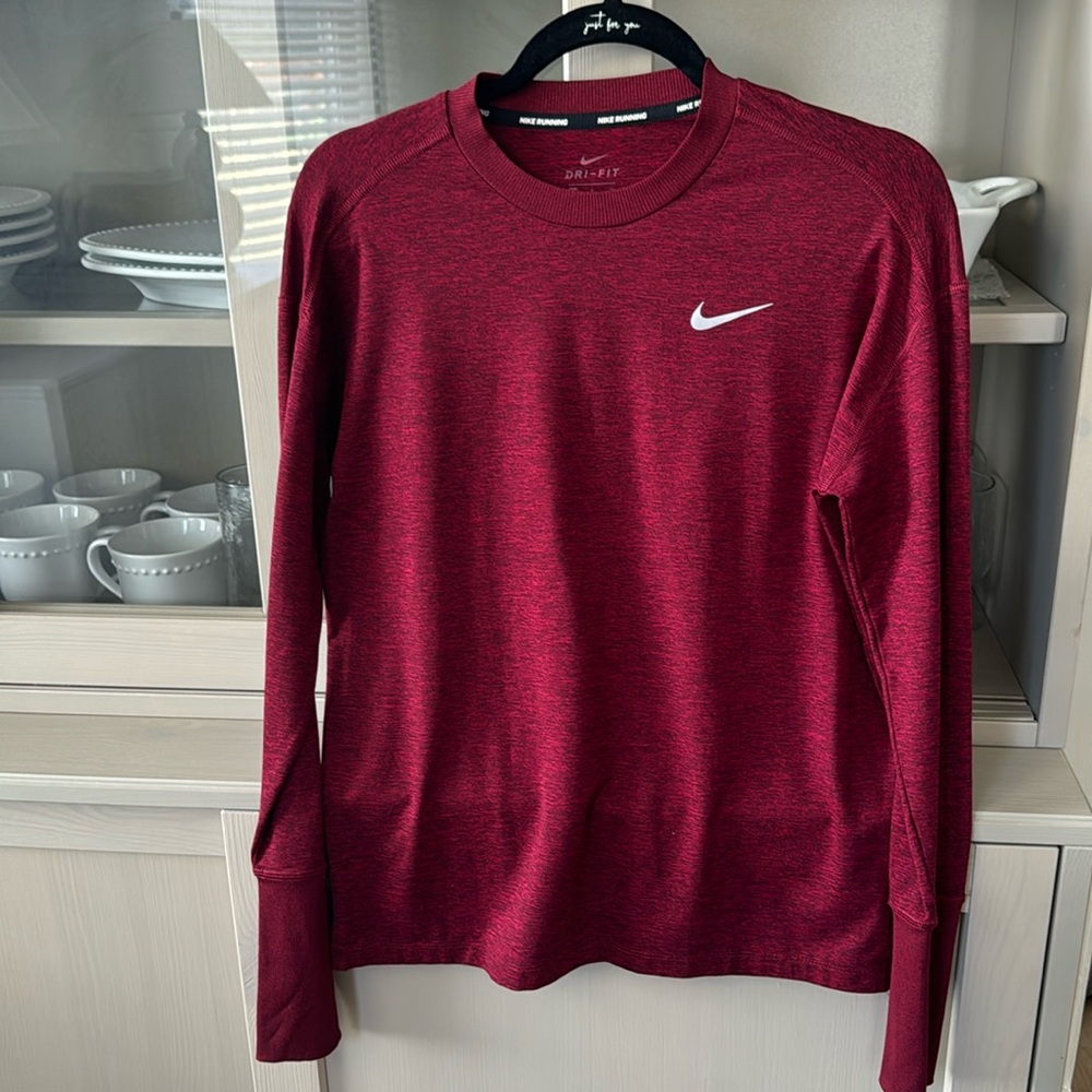 Nike running Dri fit long sleeve, maroon t shirt. Size S